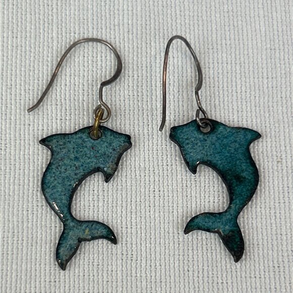 Dolphin Dangle Earrings Lightweight Enamel Metal Ocean Nautical - Picture 4 of 6